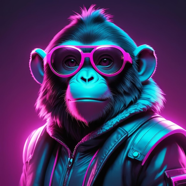 a close up of a monkey wearing sunglasses and a leather jacket