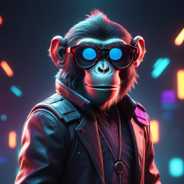 a close up of a monkey wearing sunglasses and a leather jacket