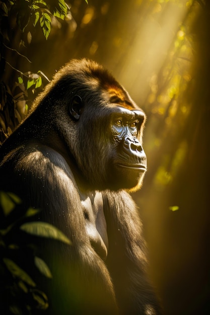 Close up of monkey with light shining on it's face Generative AI