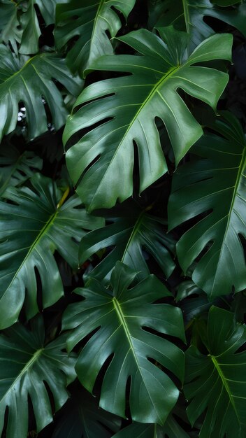 a close up of monstera leaves