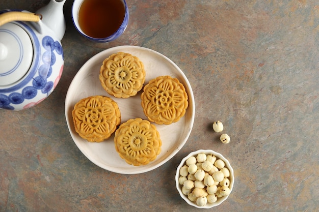 Close up moon cakes with black background. Mooncake is a traditional Chinese bakery.