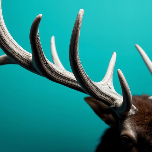 Close up of moose antlers against a teal background showcasing their natural beauty and texture