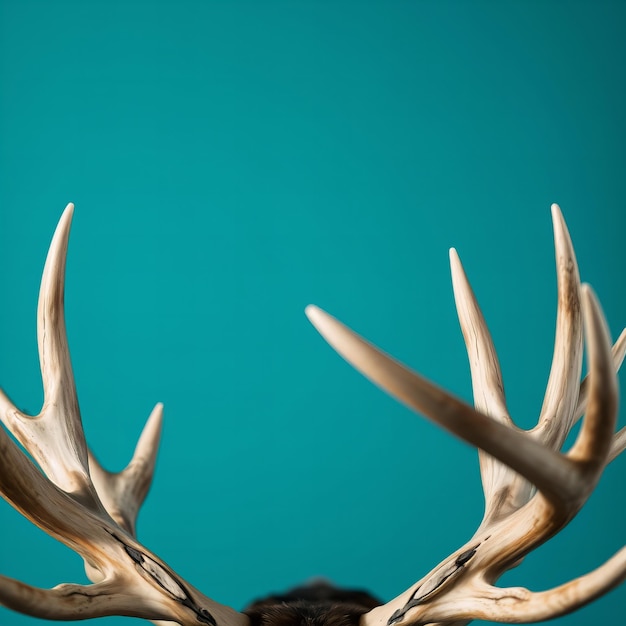 Close up of moose antlers against a teal background showcasing their natural beauty and texture