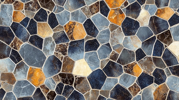 a close up of a mosaic of blue and gold stones