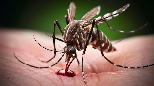 Close up mosquito sucking blood from human skin