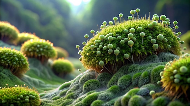 a close up of a mossy plant with small flowers