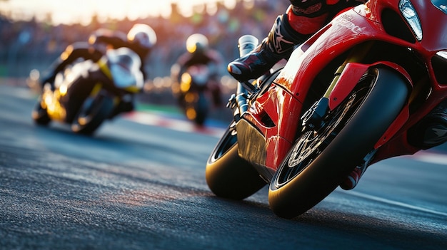 Photo close up of moto gp sports bike race on racing track