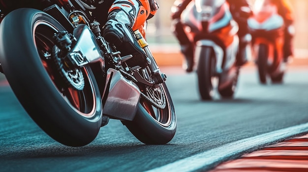 Photo close up of moto gp sports bike race on racing track