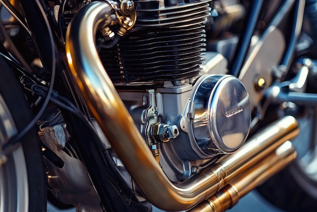 Photo a close up of motorcycle engine showcasing intricate details and craftsmanship polished metal and chrome elements reflect light beautifully highlighting engines power and design