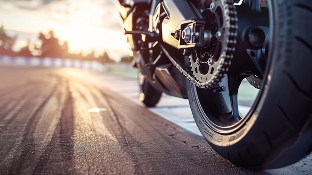 Photo close up of motorcycle tire with detailed tread pattern on a sports bike at a race track