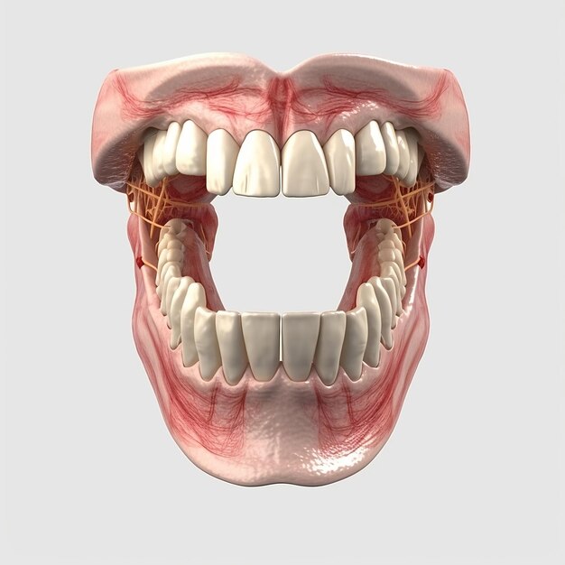 A close up of a mouth with the upper lip and the lower jaw showing the teeth isolated in white