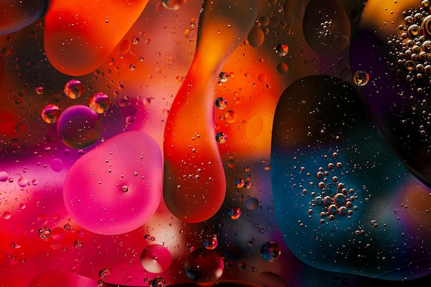 Photo close-up of the movement of oil droplets on the water surface. colorful abstract macro background of oil drops on the water surface.