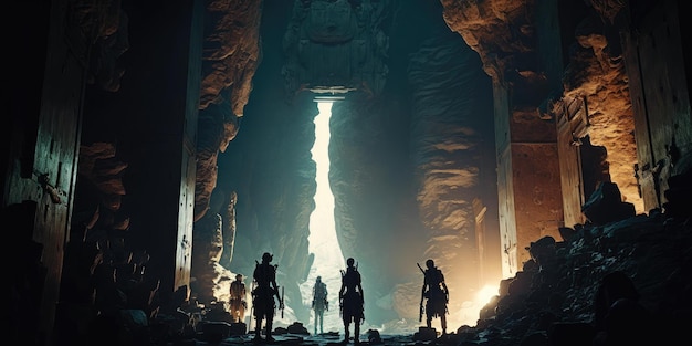 Close up movie still of a group of explorers finding ancient abandoned temple inside a huge cavern Generative AI AIG16