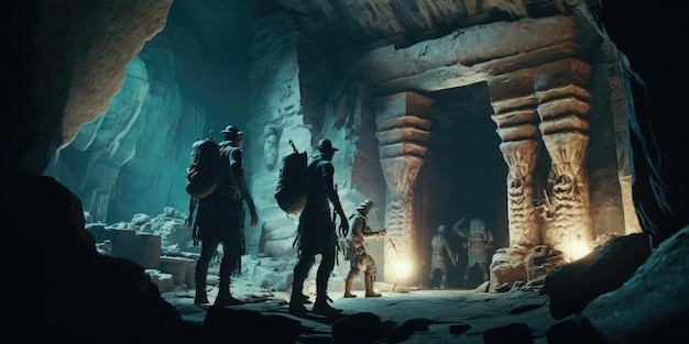 Close up movie still of a group of explorers finding ancient abandoned temple inside a huge cavern Generative AI AIG16