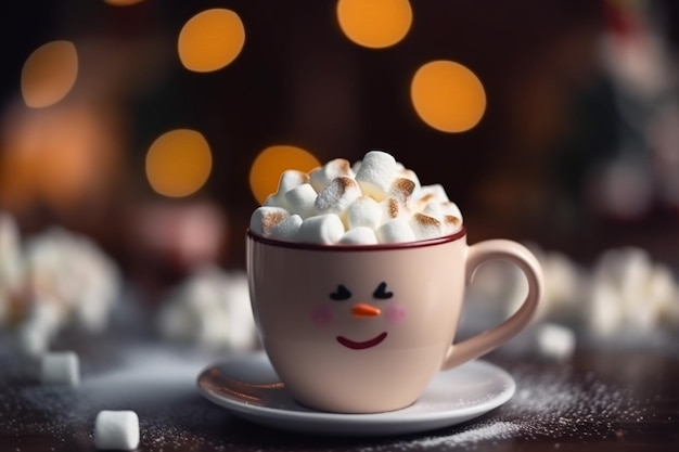 Close up mug of hot drink with marshmallow snowman on blurred background