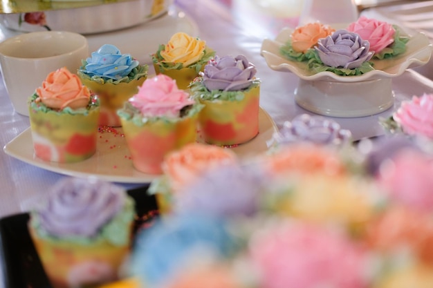 Close-up of multi colored candies on table