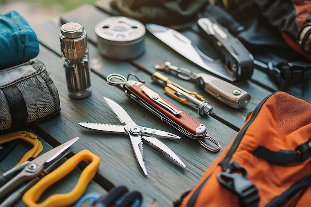 Photo a close up of multi tool and survival gear laid out on wooden surface showcasing various tools and accessories for outdoor activities arrangement highlights practicality and versatility of equipment