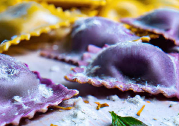 Close up of multiple ravioli and flour created using generative ai technology