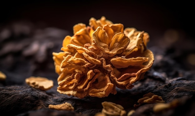 A close up of a mushroom on a black background