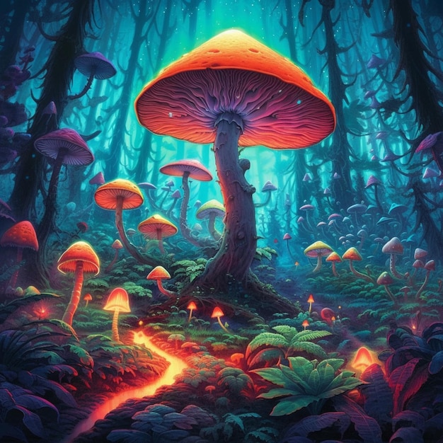 A close up of a mushroom in a forest with a trail generative ai