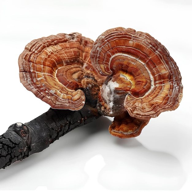 A close up of a mushroom on a stick on a white background with a shadow of the mushroom on the top