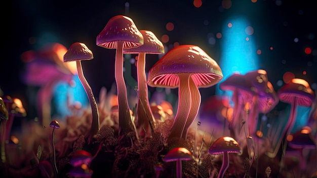 A close up of mushrooms in a dark environment