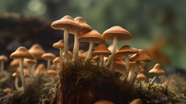 A close up of mushrooms on a mossy surface