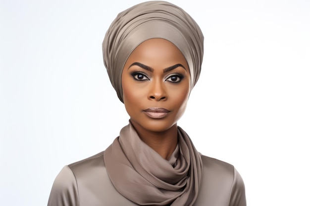 Close up of an muslim African American businesswoman wearing a hijab on a clear background