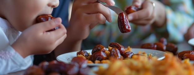 Photo close up of muslim family eating dates during iftar meal at dining table no w and 8 chaos 10 ar 169 fast job id 145768772b3d40e793ec5c3774d03a40