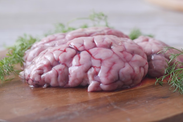 Close up of mutton brain on a chopping board