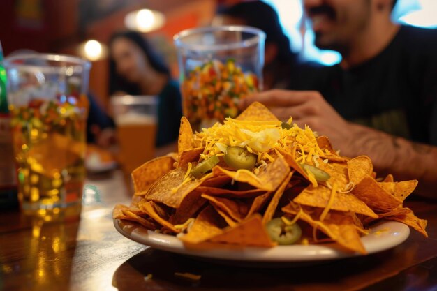 Photo close up on nachos at a sports bar close up on nachos at a sports bar while friends are watching a g