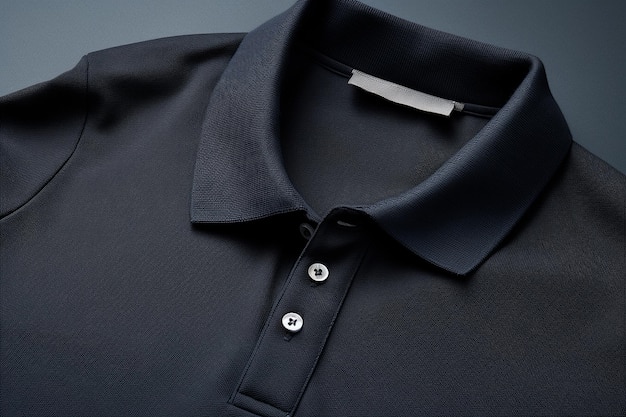 Close up of a navy blue T shirt with a pocket detail and contrasting trim