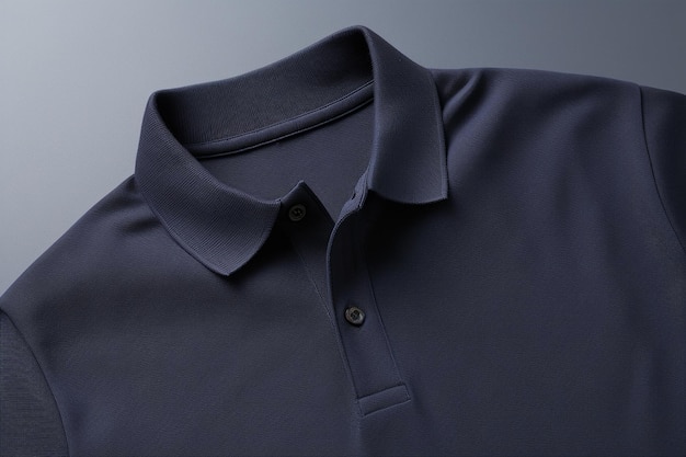 Close up of a navy blue T shirt with rolled sleeves and a visible tag