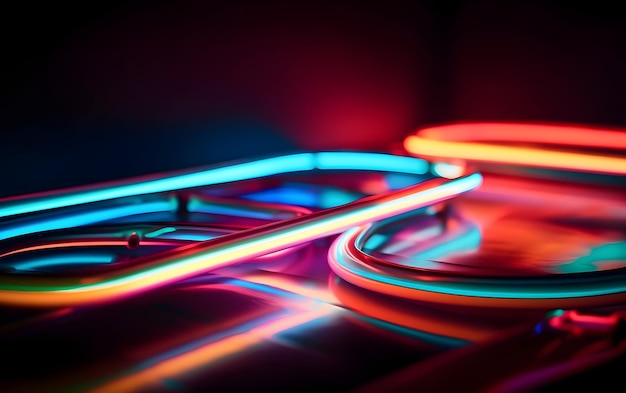 A close up of neon lights in a dark room