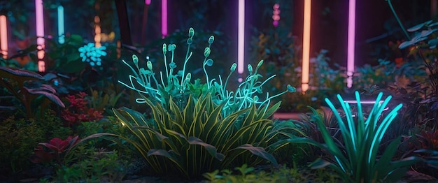 Close up of a neon lit futuristic garden with glowing plants and interactive light paths