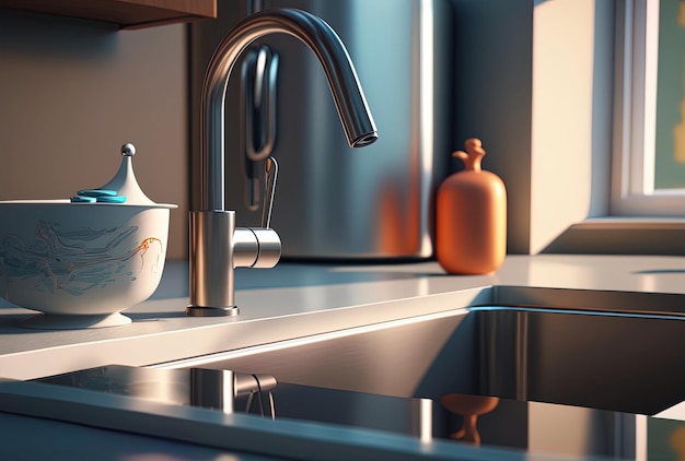 Close up of a new contemporary steel faucet and a kitchen sink