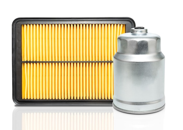 Close up new square car air filter and oil filter engine car on white background