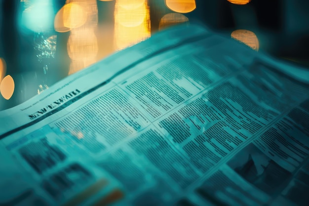 Photo a close up of newspaper article with highlighted text showcasing detailed information and blurred background of lights creating captivating atmosphere