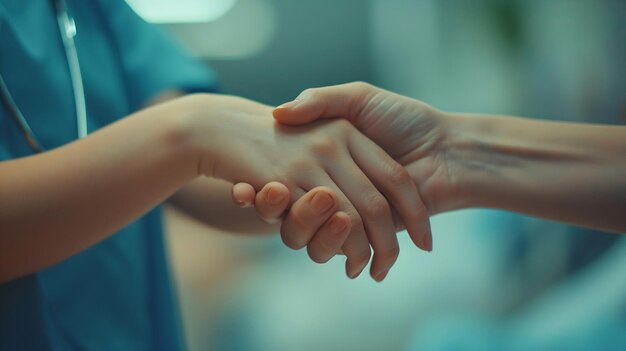 Photo close up of nurse holding hands with female patient in hospital room with care and s generative ai