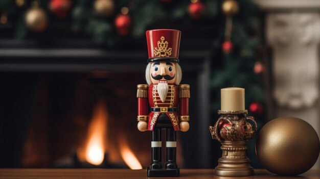 a close up of a nutcracker on a table with ornaments