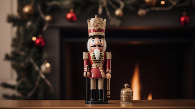 a close up of a nutcracker on a table with ornaments