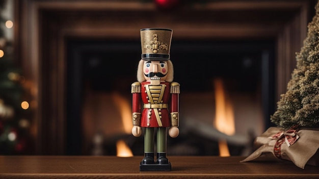 a close up of a nutcracker on a table with ornaments