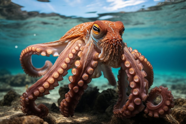 Close up of octopus in clear blue sea waters with sunlight creating mesmerizing scene