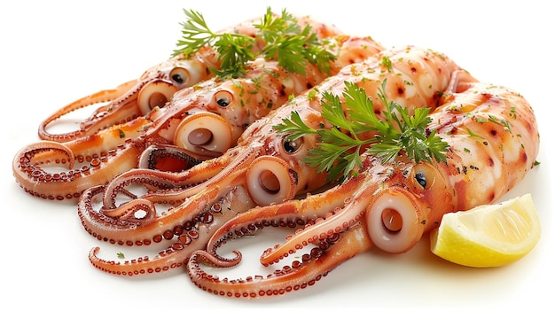 a close up of an octopus with a green top and a white background