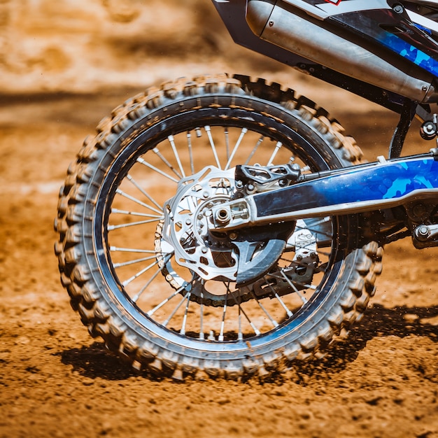 Close-up of off-road motorcycle wheel