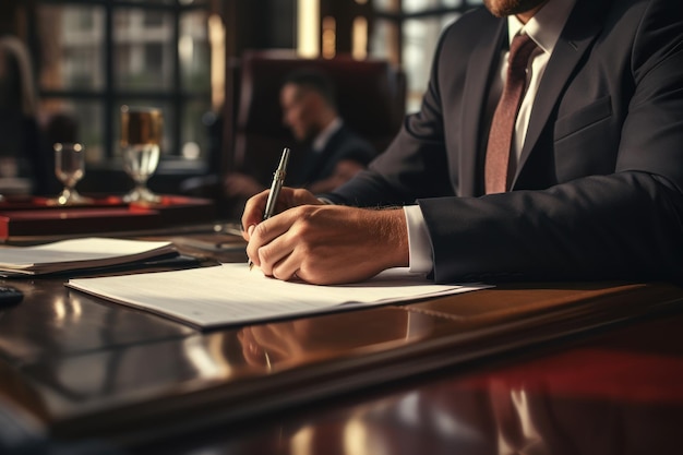 Close up of an office desk with pen and documents working hands in business suits Generative AI