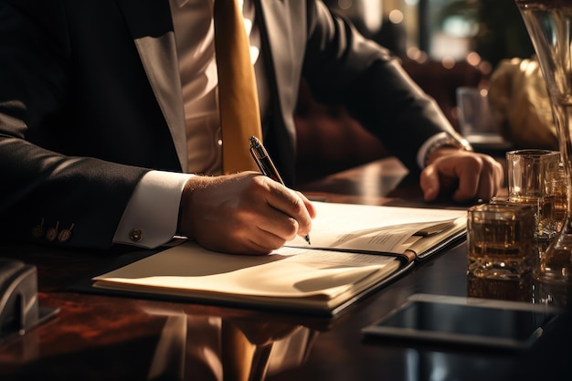 Close up of an office desk with pen and documents working hands in business suits Generative AI