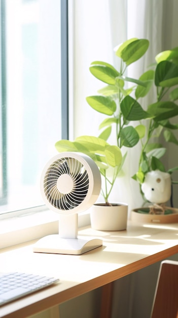 Close up office desktop usb fan white office fan on wooden table background