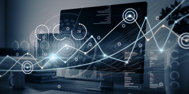 Close up of office workspace with creative glowing business graph and computer monitor on blurry background Innovation information and statistics concept 3D Rendering