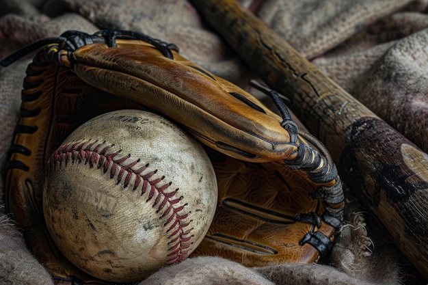 Photo close up of old baseball gear